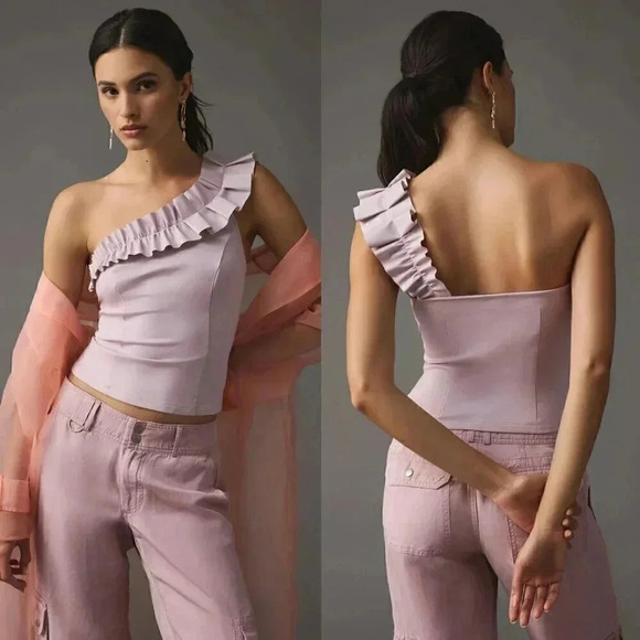 Anthropologie Sunday in Brooklyn One-Shoulder Ruffled Faux Leather Top Small - Picture 1 of 10